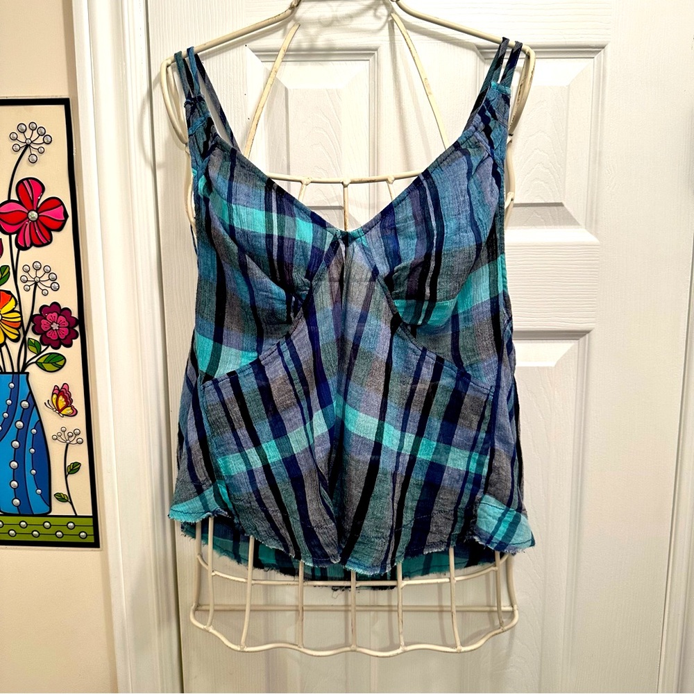 Free People Plaid Cotton Blue and Navy Crop Top Navy Combo Size large NWT